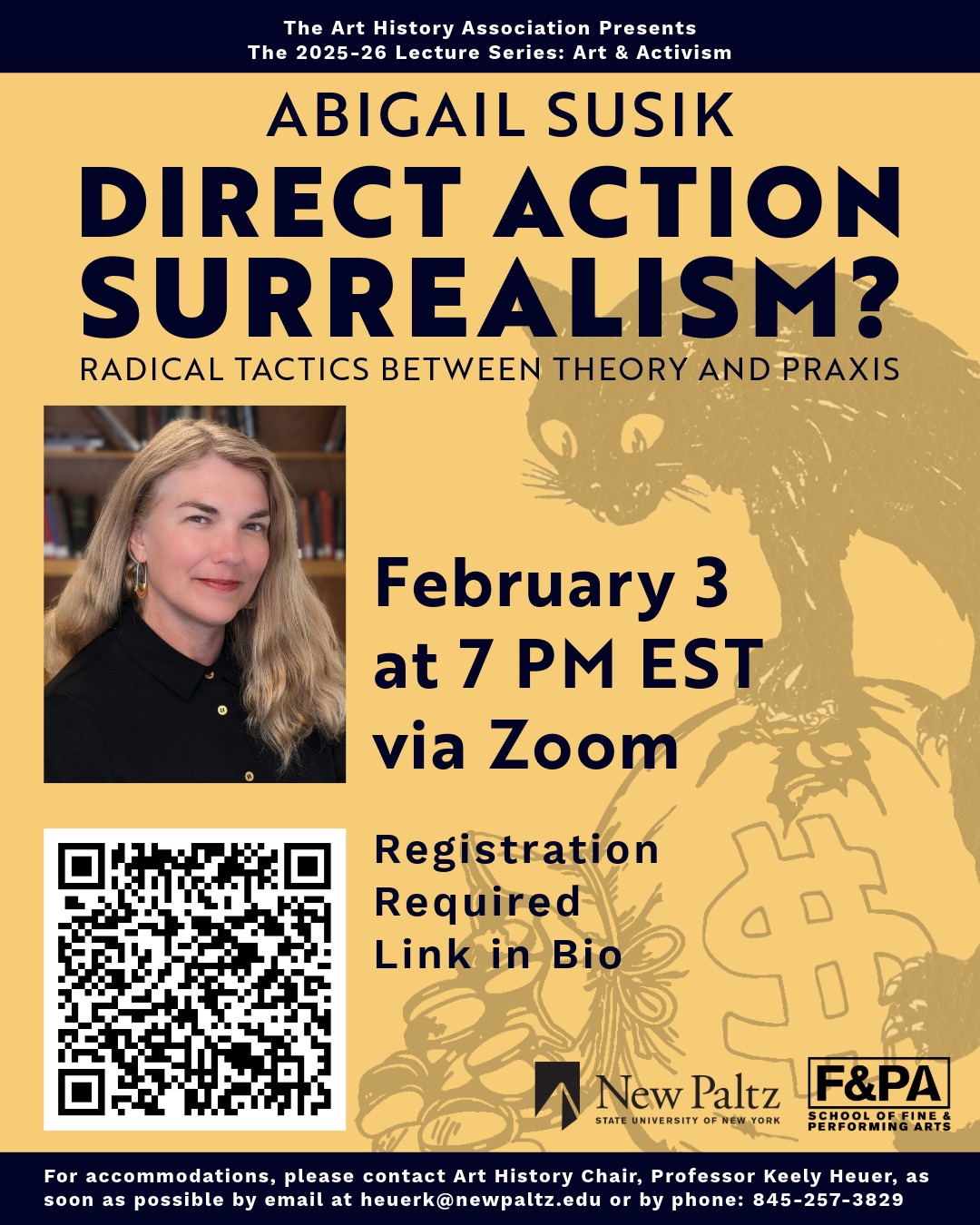 Flyer for a talk by Dr. Abigail Susik about Surrealism and activism